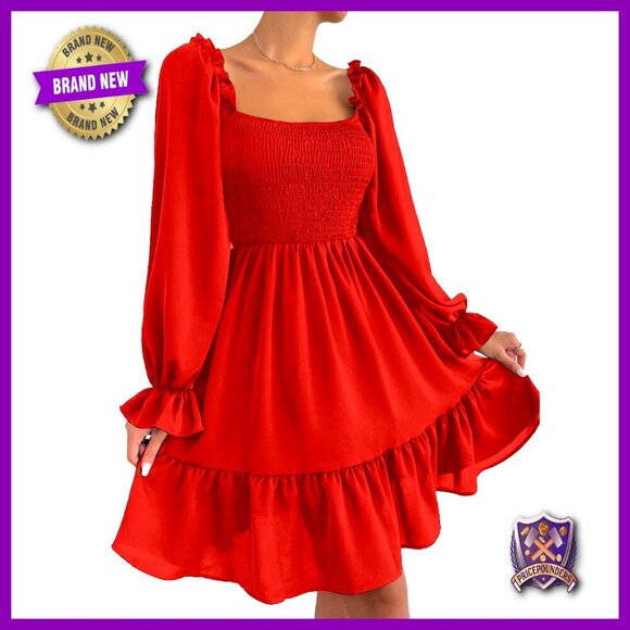 Dresses & Skirts - Square Neck Puff Sleeve Smocked Waist A-Line Swing Mini Dress Elegant Chic